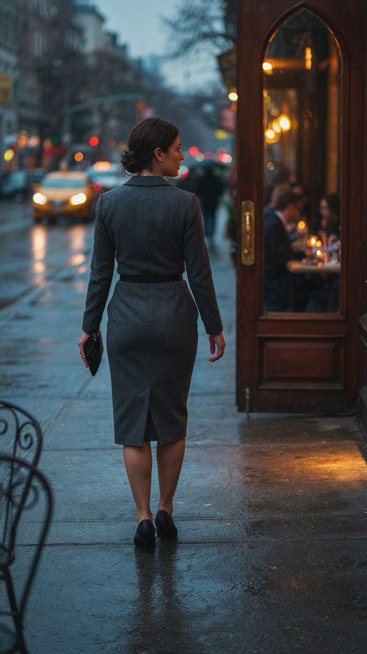A woman in an elegant outfit confidently exits a fine dining restaurant.
