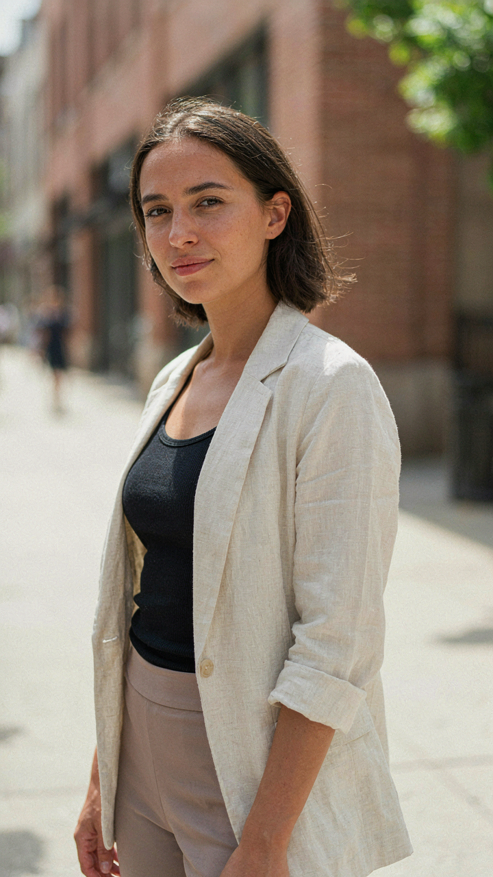 A woman confidently wears a linen blazer over a sleek tank top.