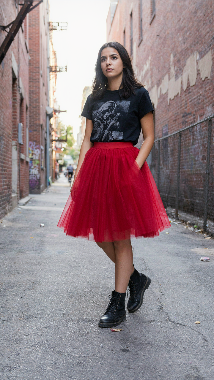 A red tulle skirt with a band t-shirt and combat boots in an alleyway.