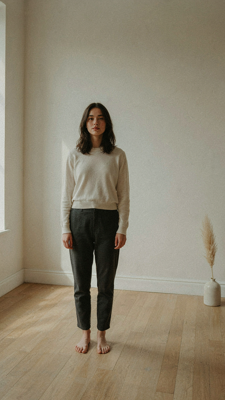 A person stands perfectly still in an empty room, exuding quiet confidence.