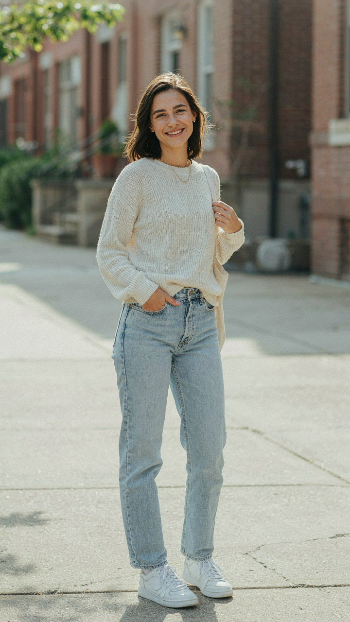 A person in an elegant outfit smiles genuinely and looks relaxed.