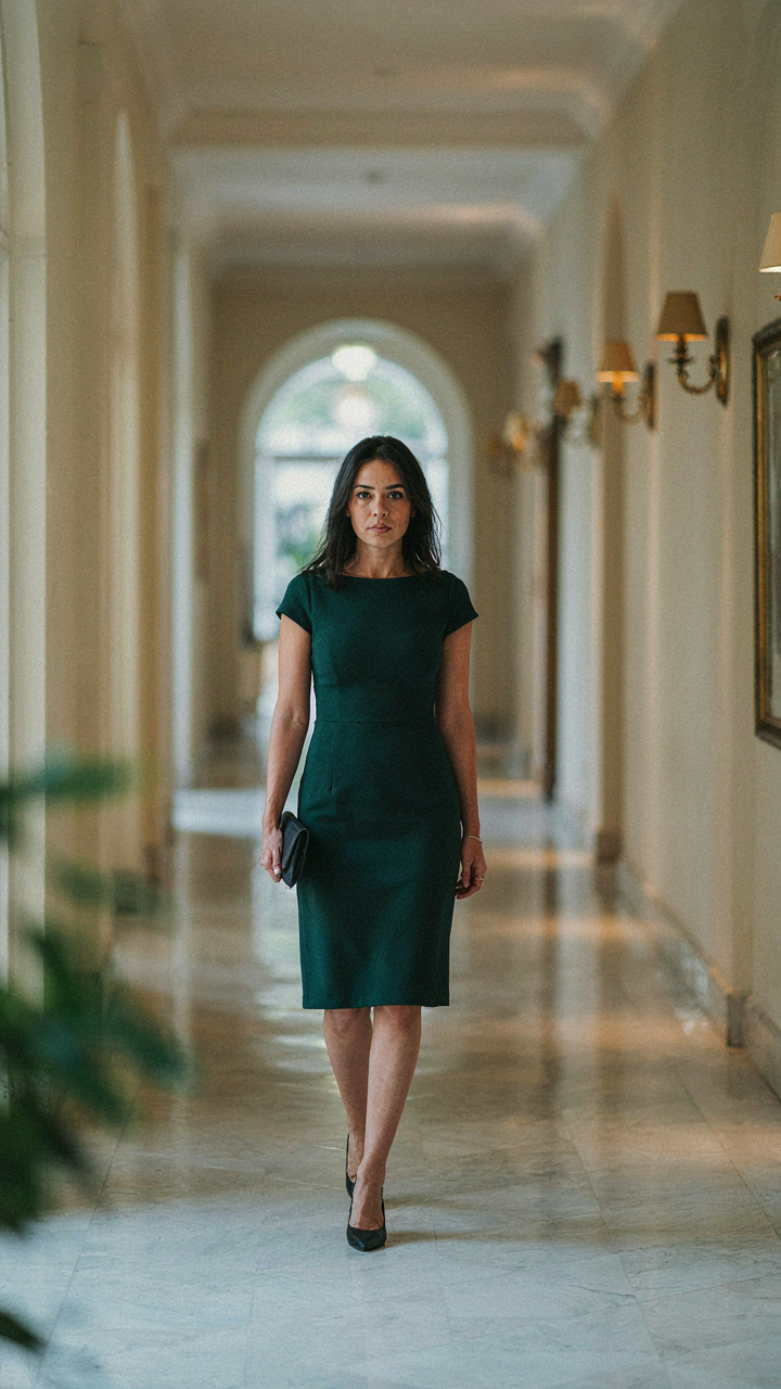 A woman in a deep emerald office Christmas party dress strides confidently.