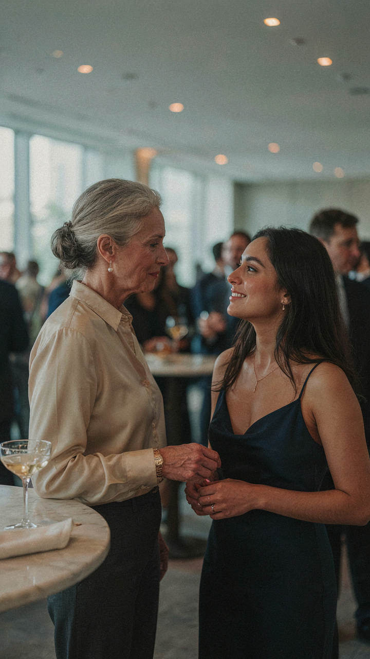 Two women discreetly talk and smile at a sophisticated evening event.