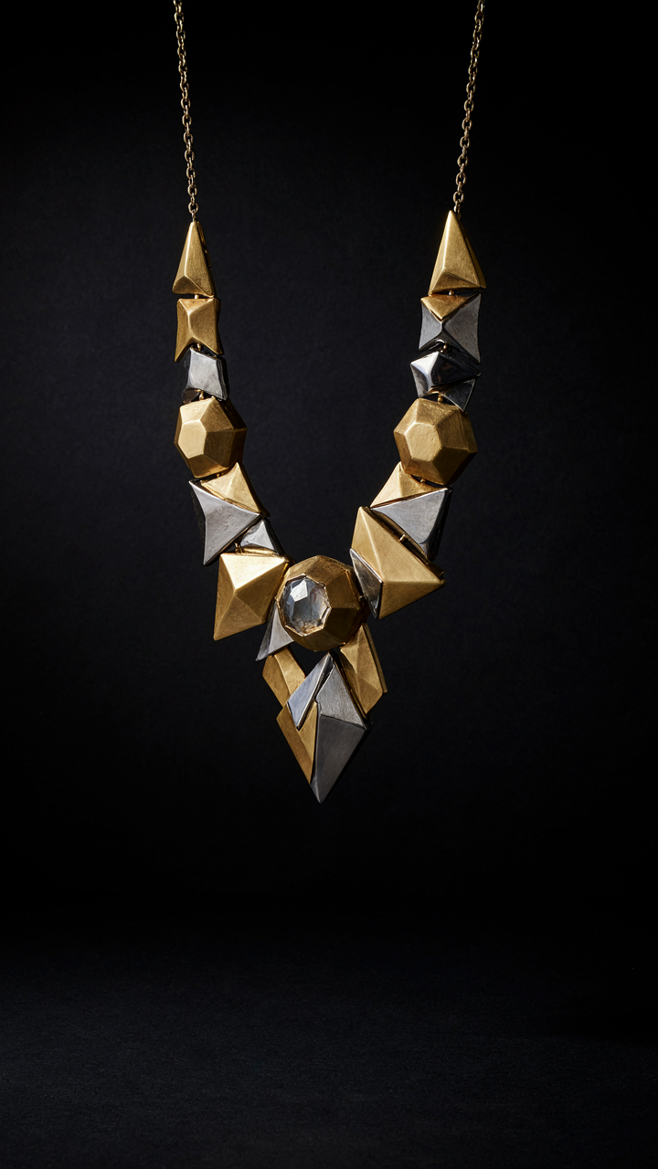 A dramatic, oversized statement necklace takes center stage against a dark background.
