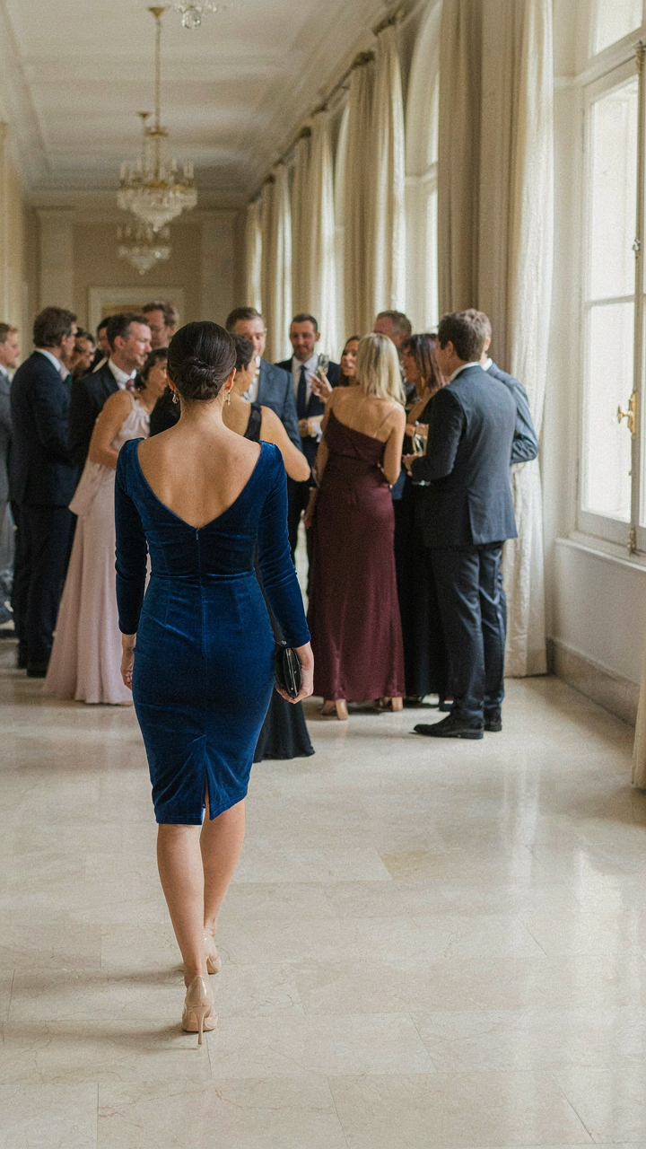 A person in a vibrant blue velvet cocktail dress walks away from a crowd.
