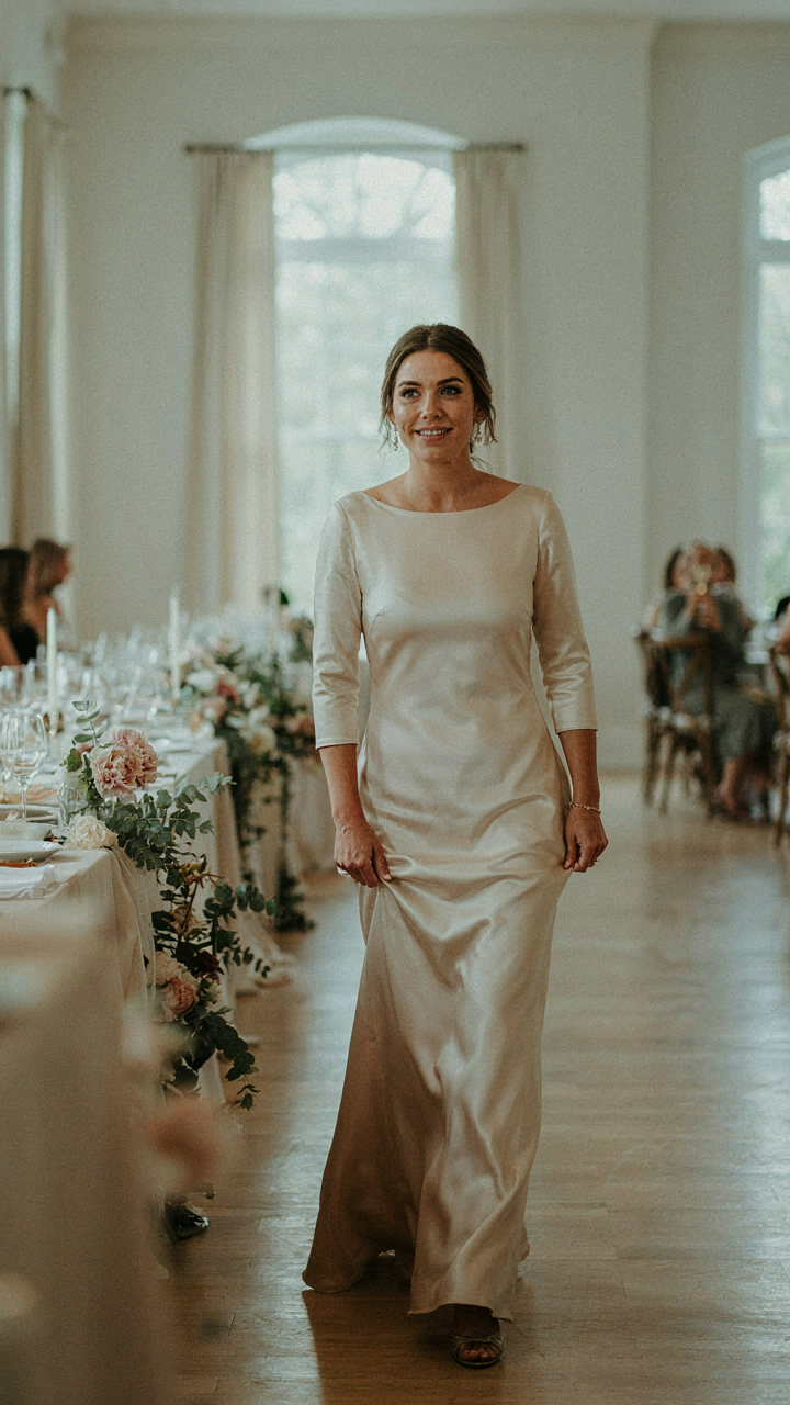 A confident woman in an elegant long sleeve wedding guest dress entering an event.
