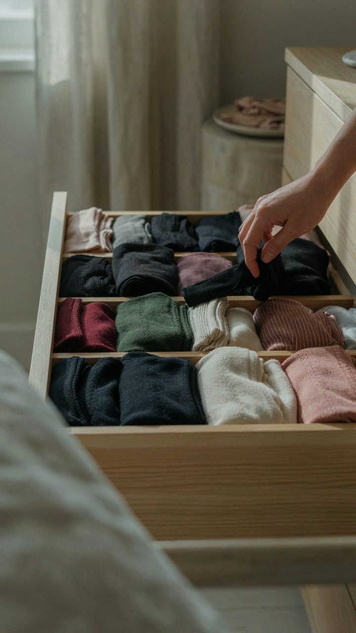 A hand chooses from a drawer full of different kinds of tights.