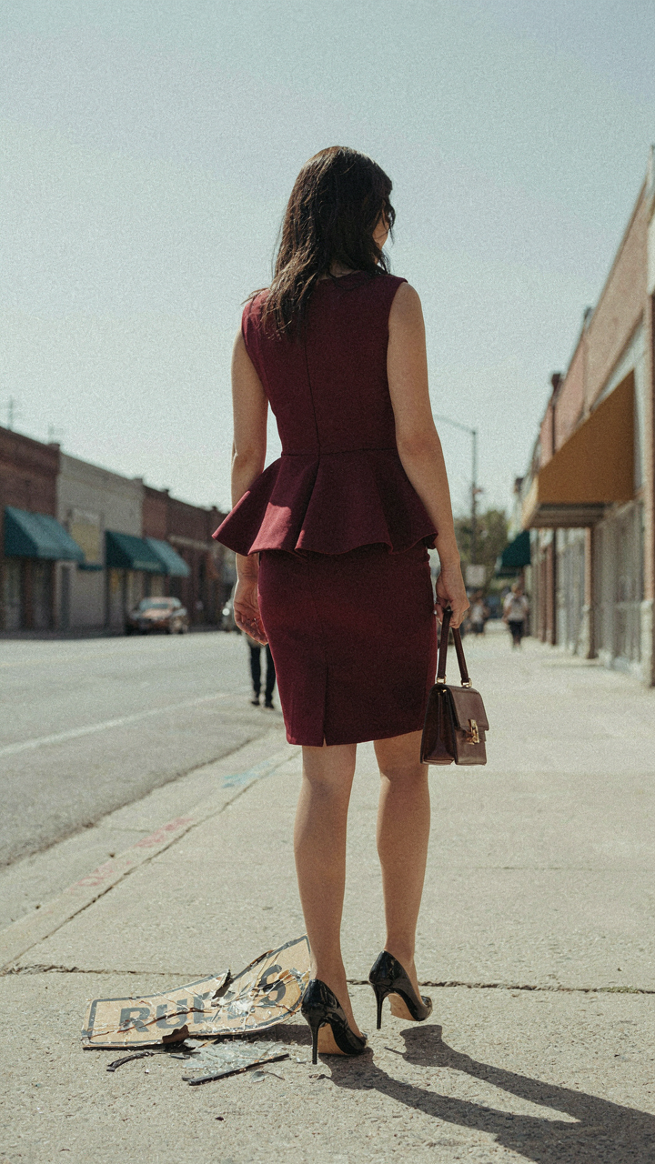 A woman in a peplum cocktail dress walks past a broken 'rules' sign.