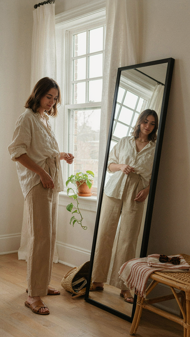 A person looks confidently at their reflection in solo beach trip outfits.