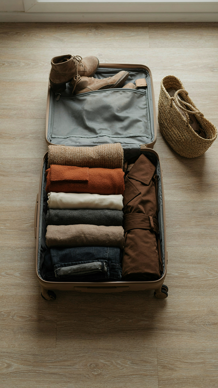 A perfectly organized carry-on suitcase with a minimalist capsule wardrobe.