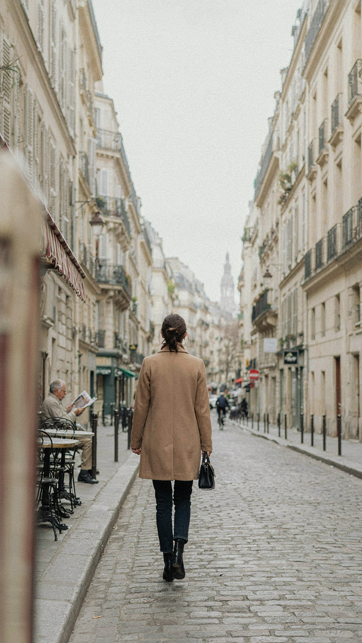 A person walks confidently down a Parisian street, their back to camera.