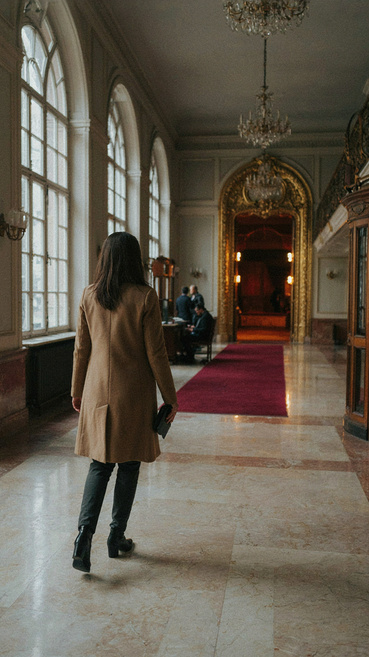 Woman walking confidently into a brightly lit theater lobby.