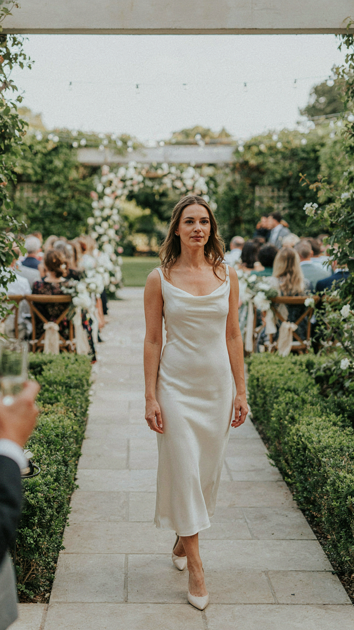Woman calmly walking into a wedding venue in an elegant midi dress.