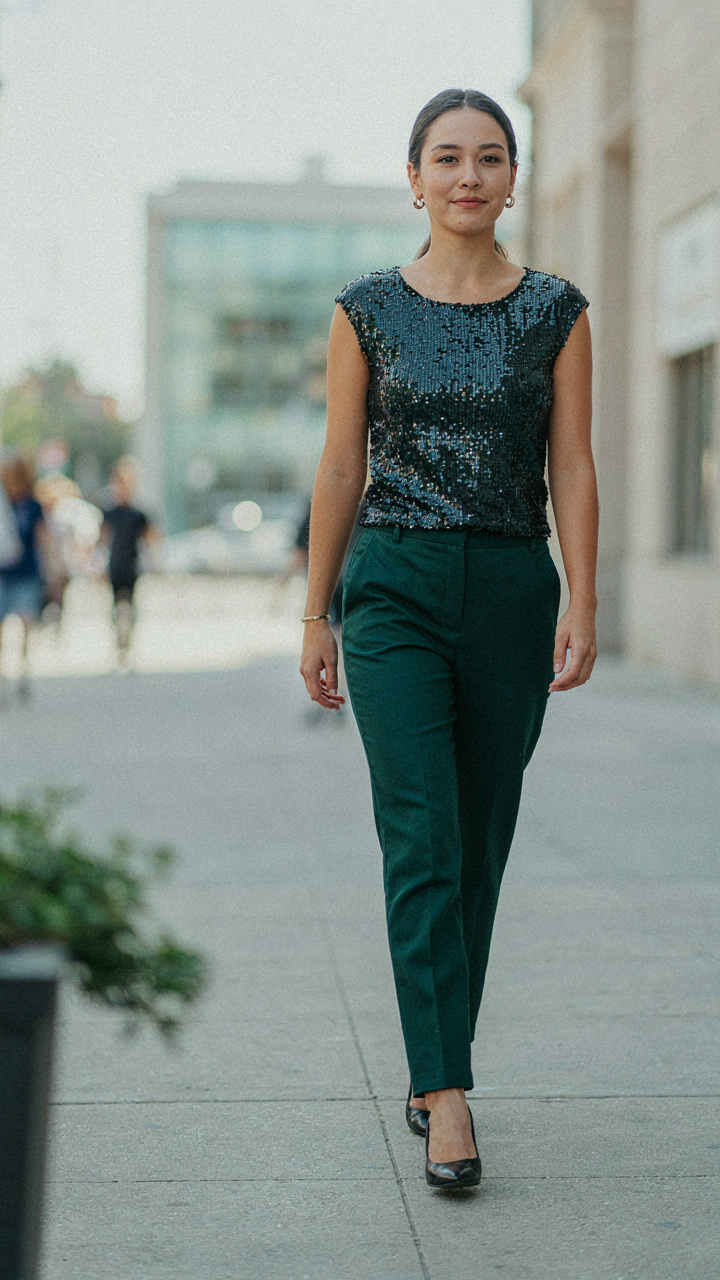A person confidently steps forward in a bold sequin top dressy outfit.
