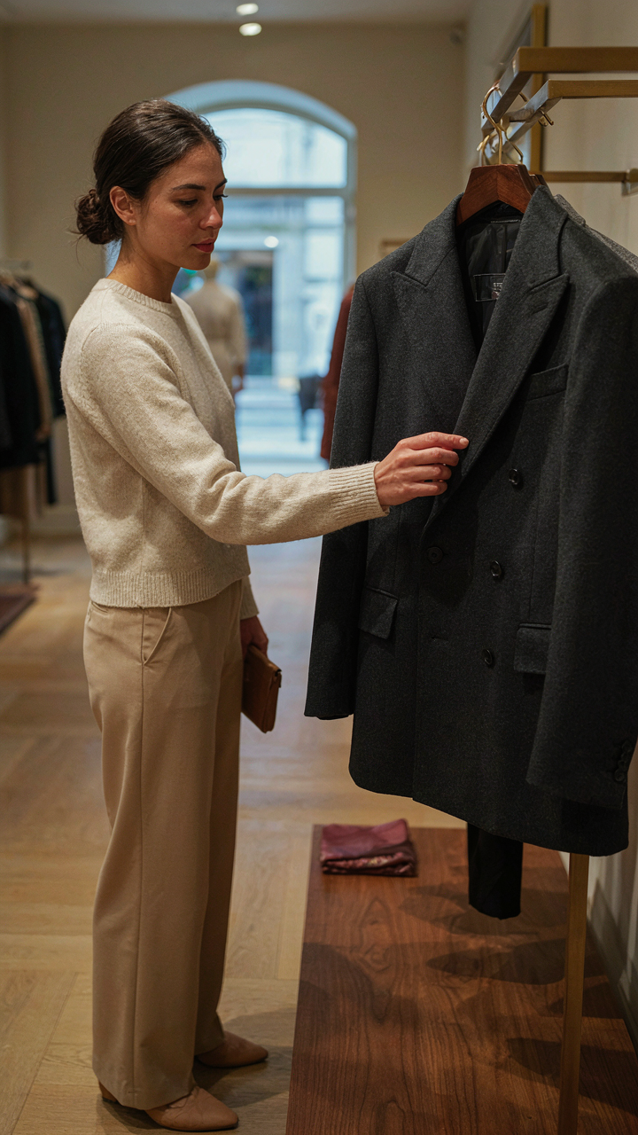 A person touches a tailored jacket with sharp lapels in a boutique.