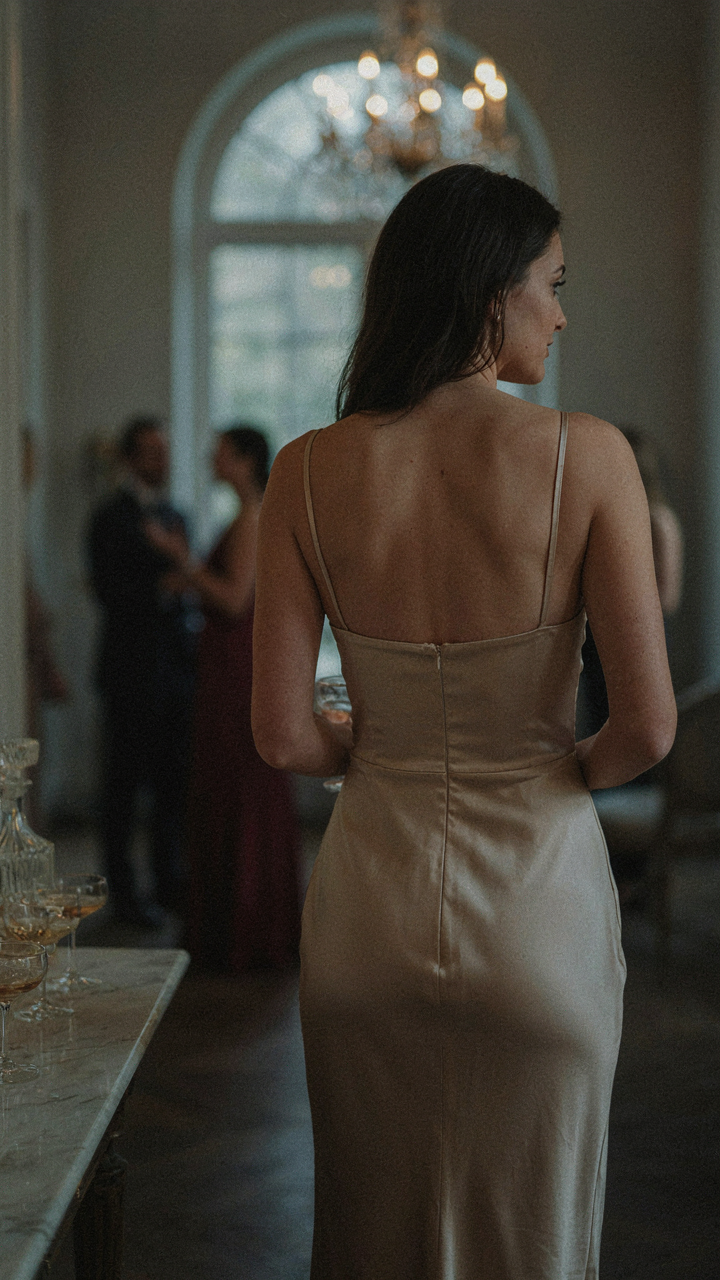 Confident woman in a backless cocktail dress in a social setting.