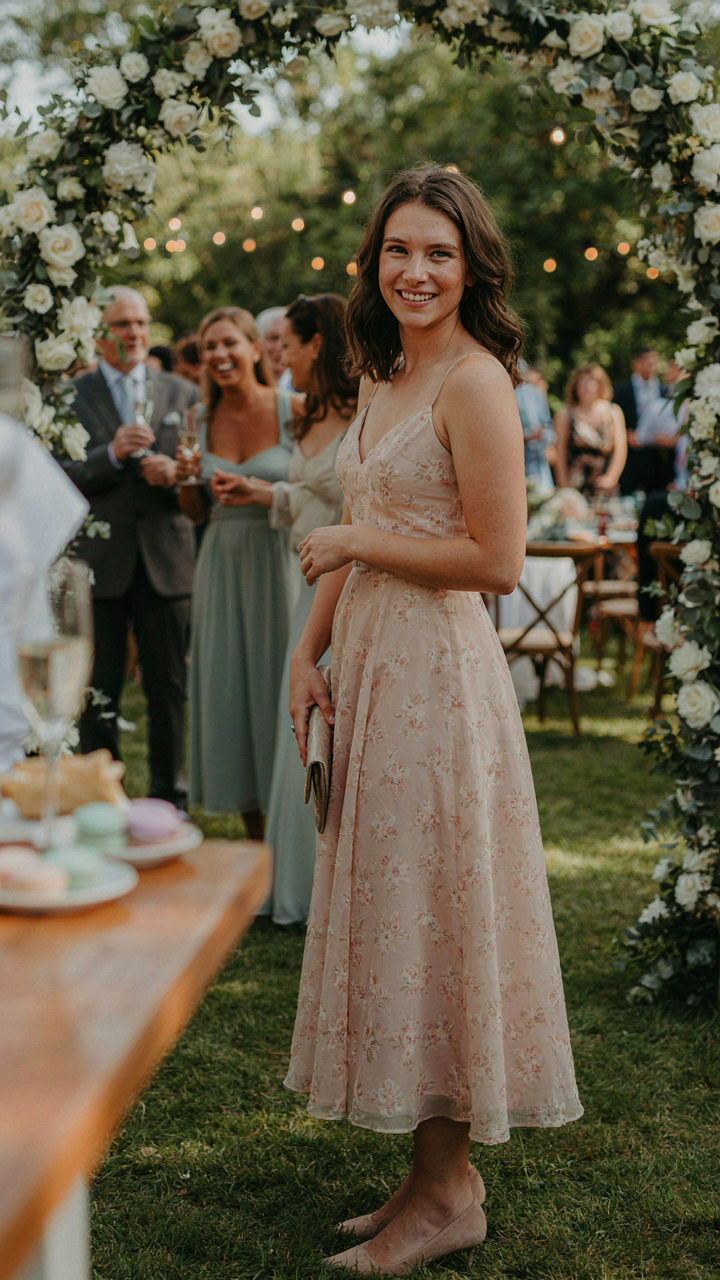 A person smiling comfortably in beautiful flats for wedding guest attire.