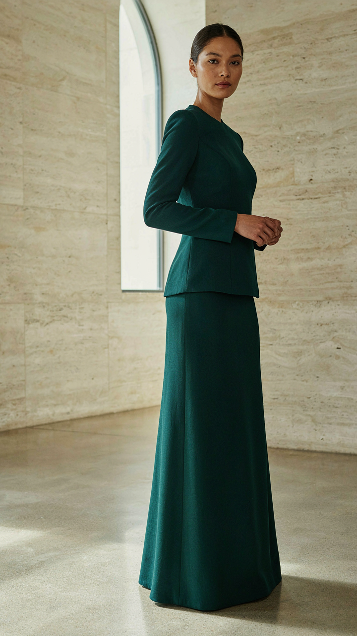 A woman in a bold formal dress commands attention.