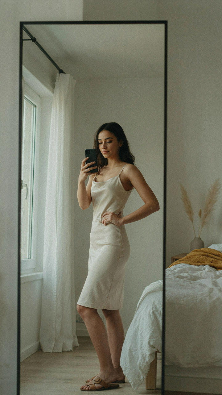 Woman in a dress, confident stance and phone position, for powerful mirror selfie poses.