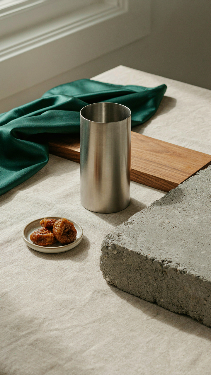 Still life with contrasting textures: satin, concrete, metal, and wood.