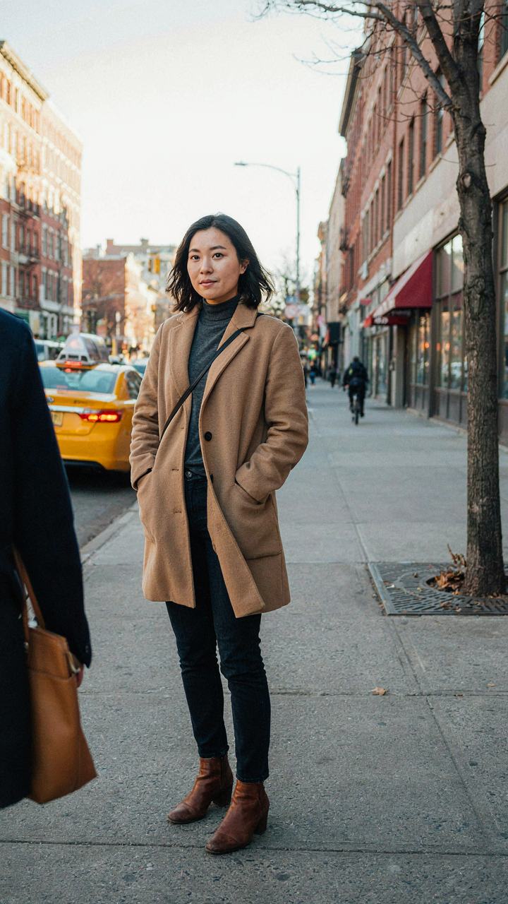 A person thoughtfully dressed in winter clothing stands on a New York City street.