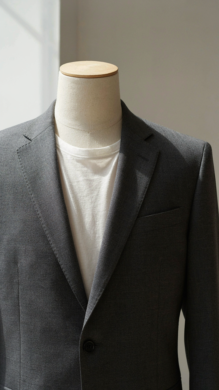 A structured blazer is layered over a cotton t-shirt on a mannequin.