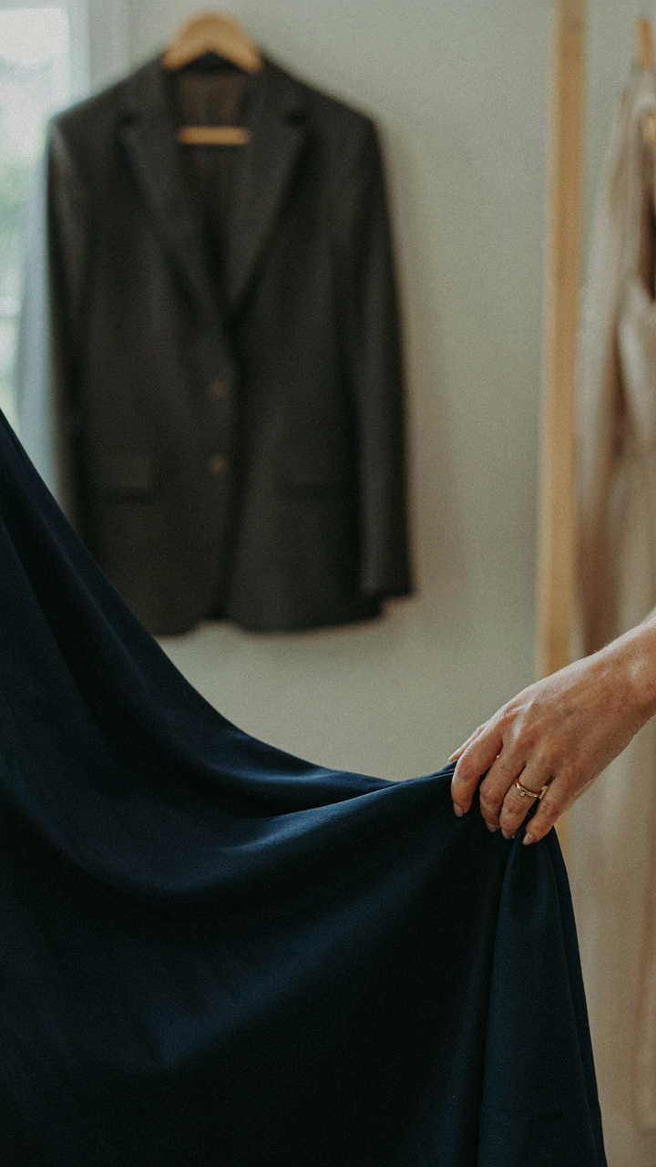 A hand pulls on the hem of a silk dress, showing how fluid fabric moves.