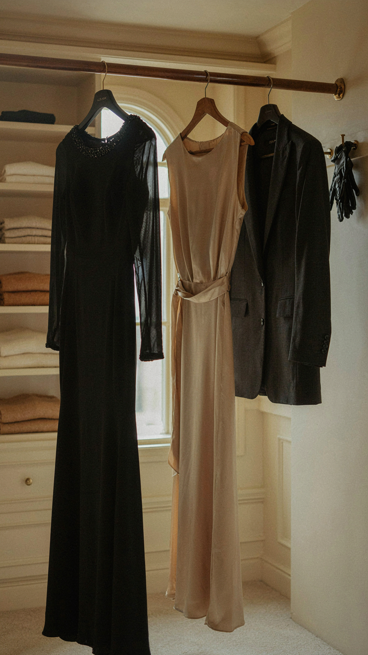 A high-quality black evening gown hangs in an organized closet.