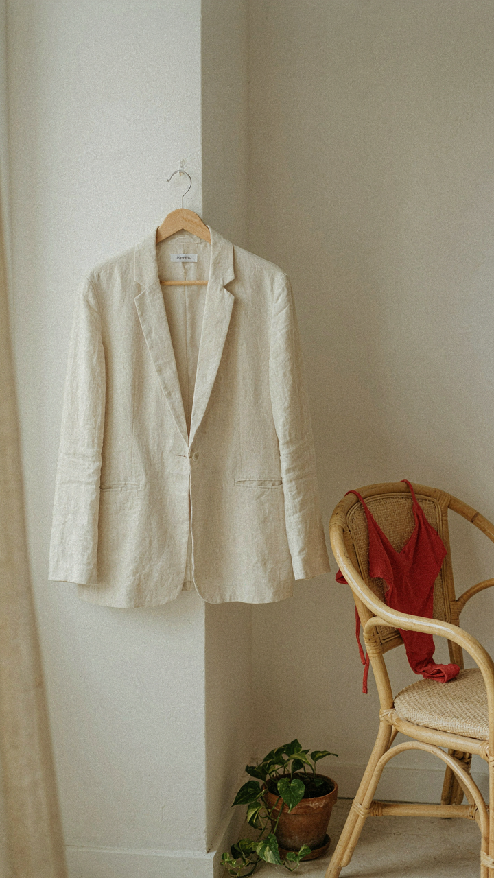 A lightweight linen blazer and a quick-drying swimsuit for a warm event.