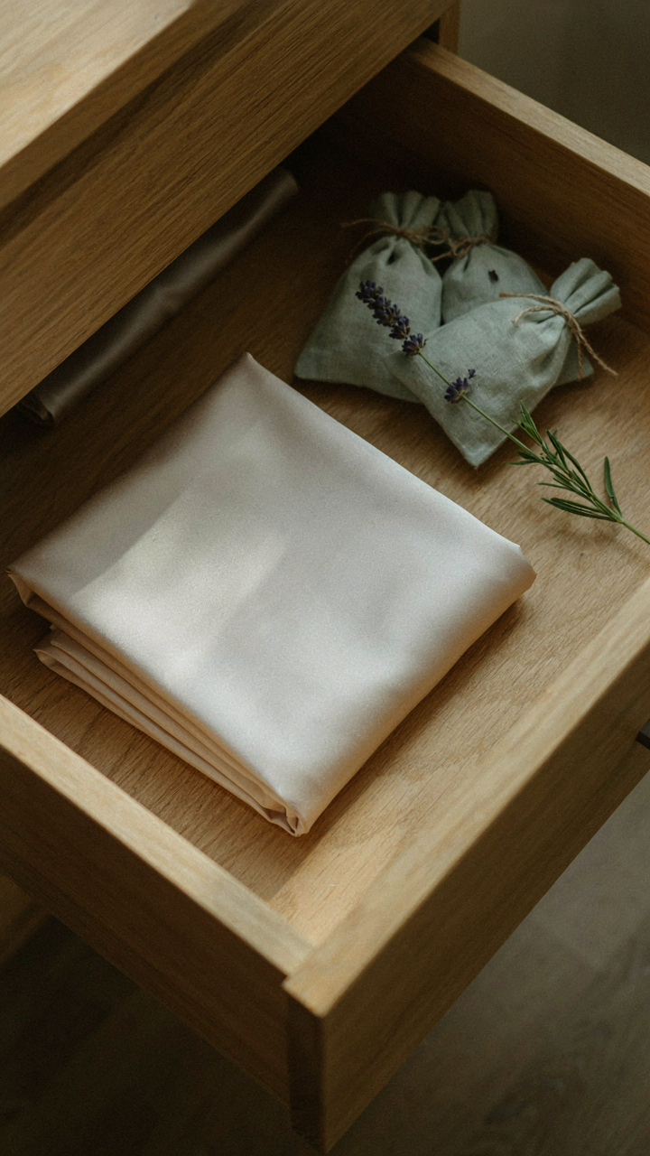 A silk blouse folded neatly with lavender in a drawer.