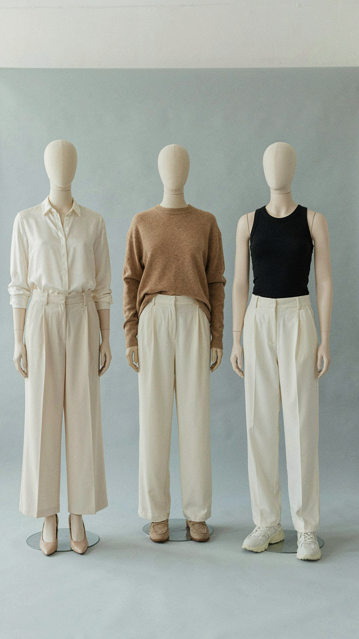 Three outfits on mannequins, each using the same base but different tops and shoes.