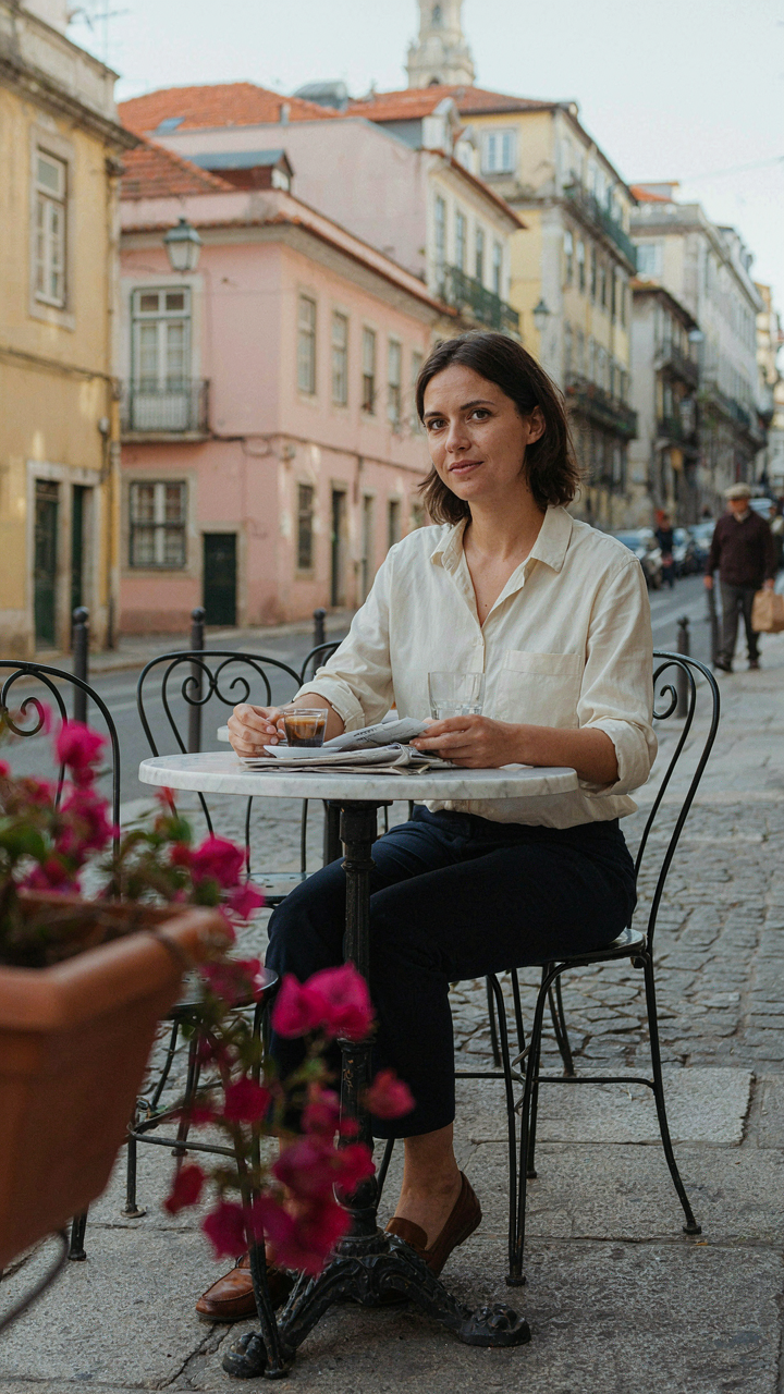 A Portuguese woman in navy trousers and a cotton shirt at an outdoor cafe.