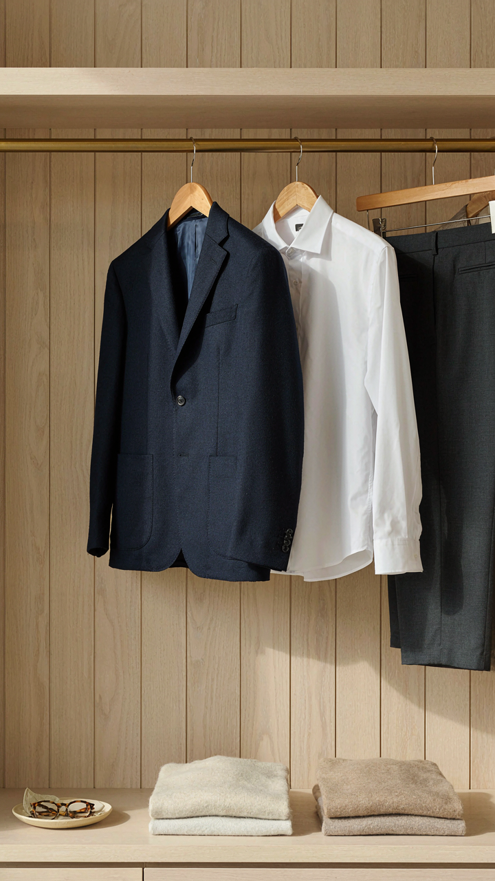 Classic navy wool blazer, white dress shirt, and charcoal trousers.