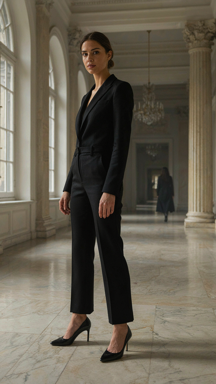 A woman in a tuxedo jumpsuit stands with confident, open posture.