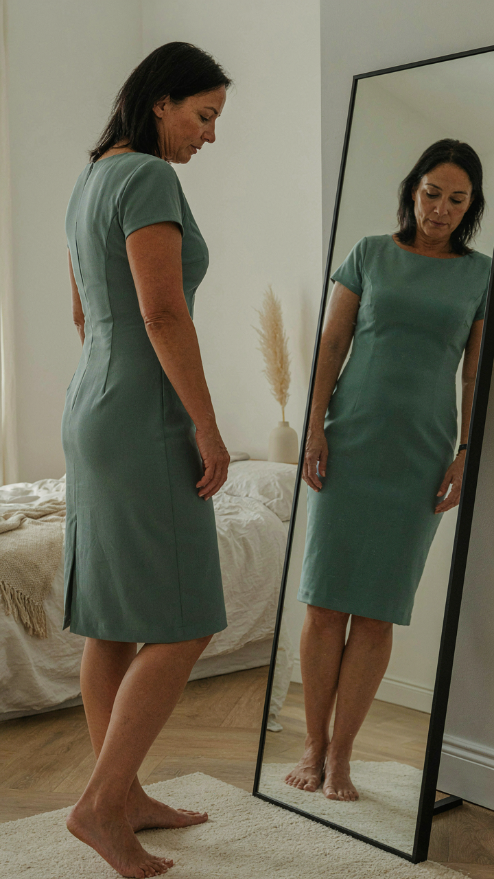 A woman looks at her reflection in a mirror while wearing a streamlined dress.