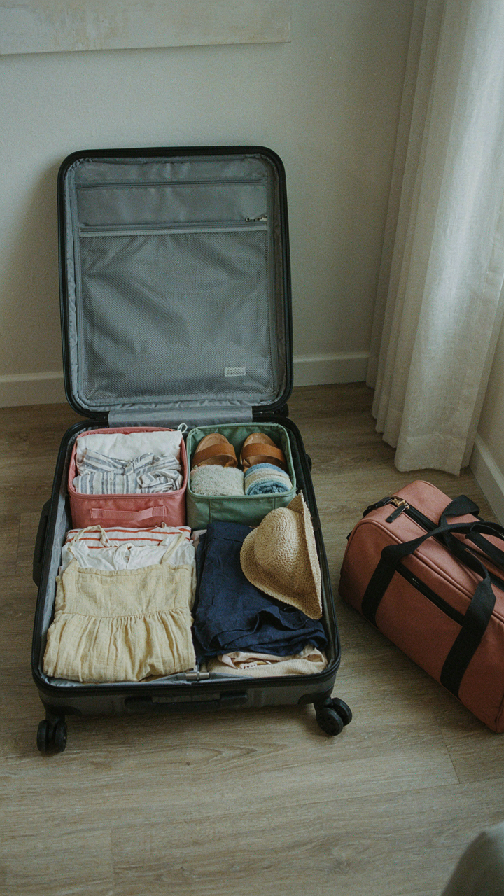 A mid-sized checked suitcase open with packing cubes and clothes.