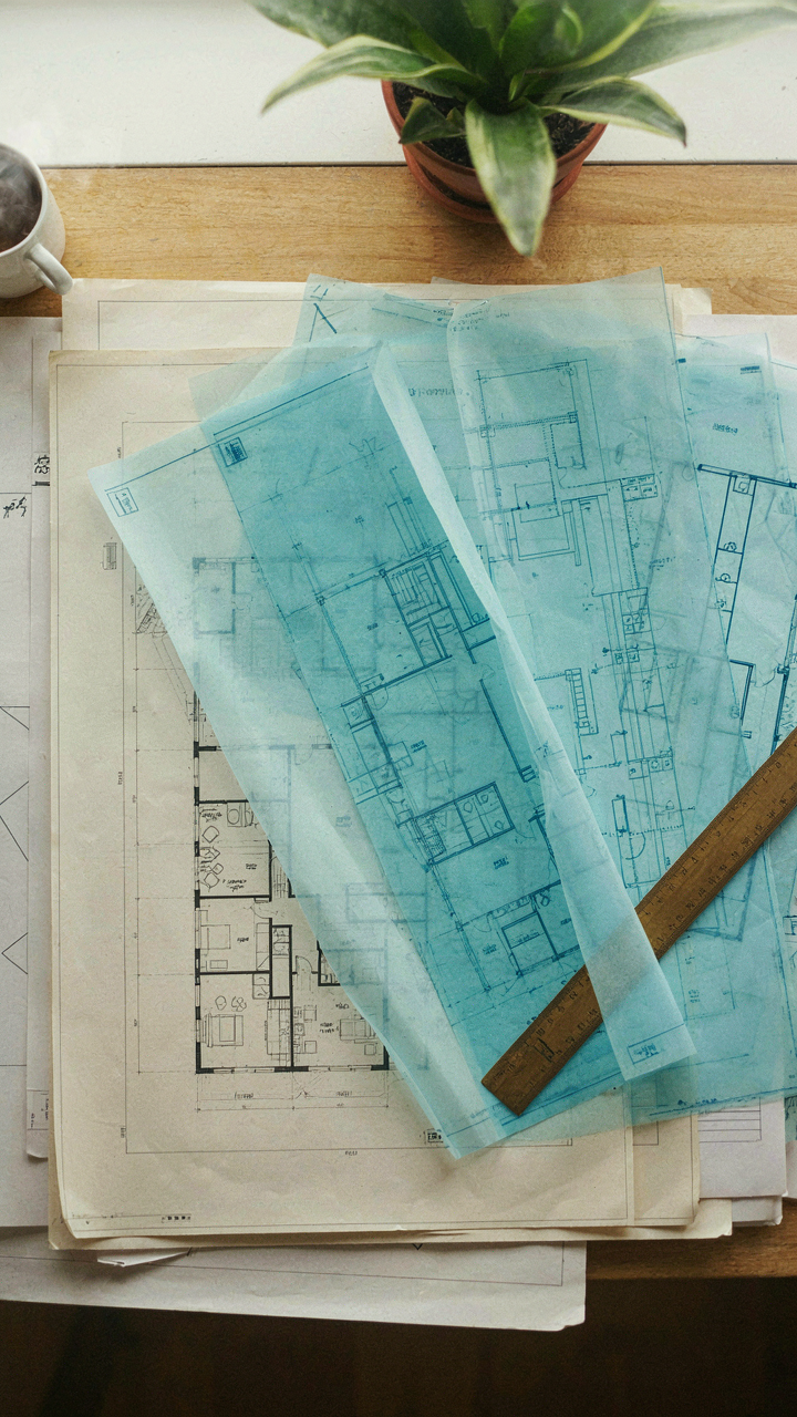 Layered architectural blueprints for a complex building.