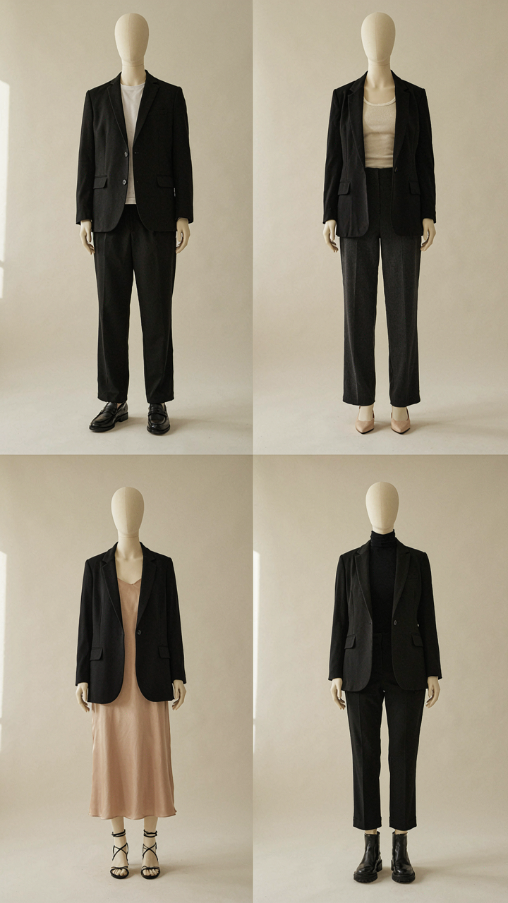 A versatile black blazer is styled in four different ways on mannequins.
