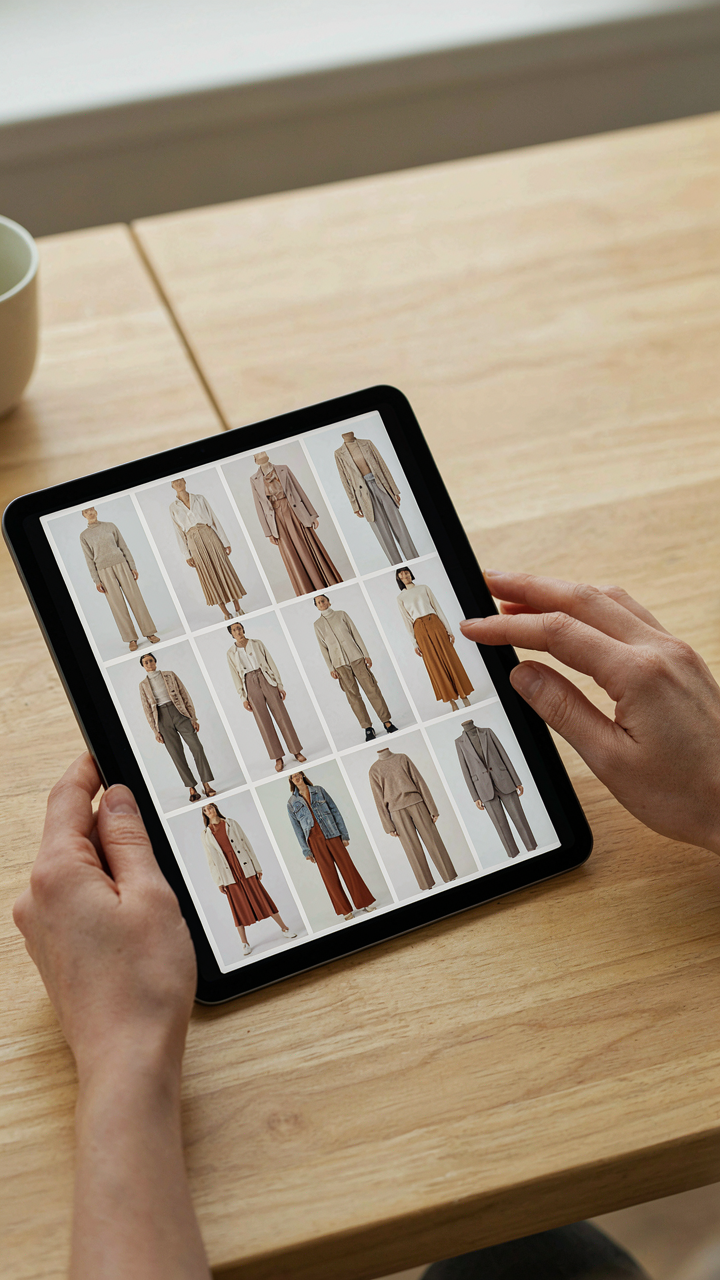 Hands scroll through 12 specific outfit photos on a tablet screen.