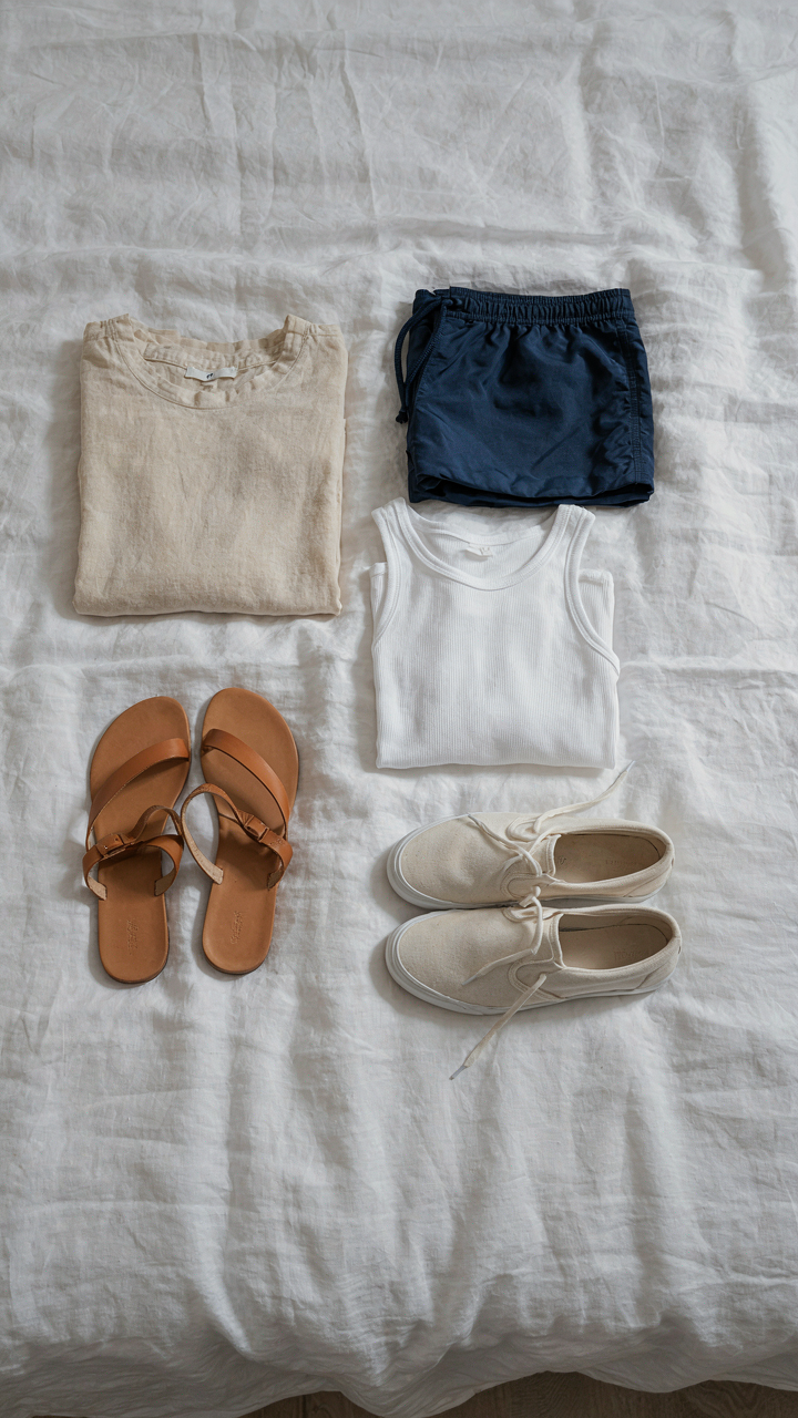 Five essential items for a mexico beach vacation capsule wardrobe laid on a bed.