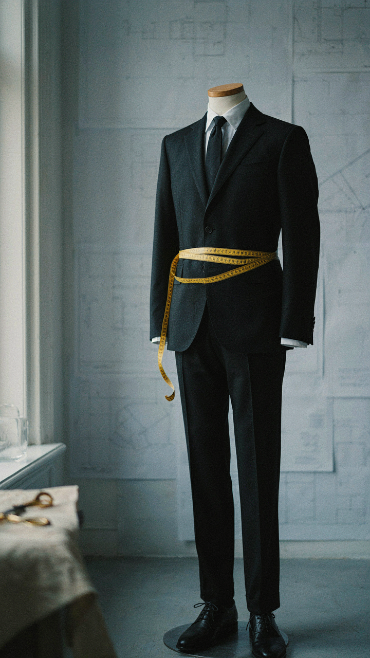A tailor's measuring tape on a perfectly fitted black blazer, with subtle blueprints.