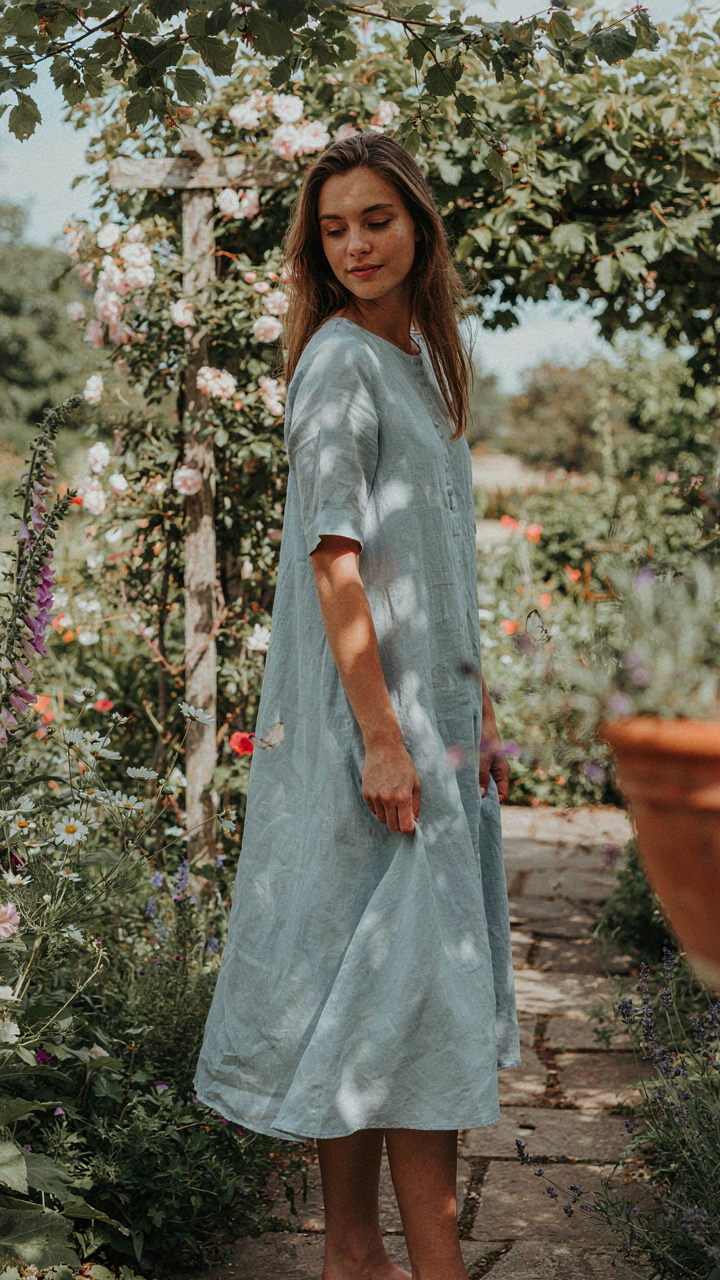 Woman in pale blue linen dress stands gracefully in a sunlit garden.