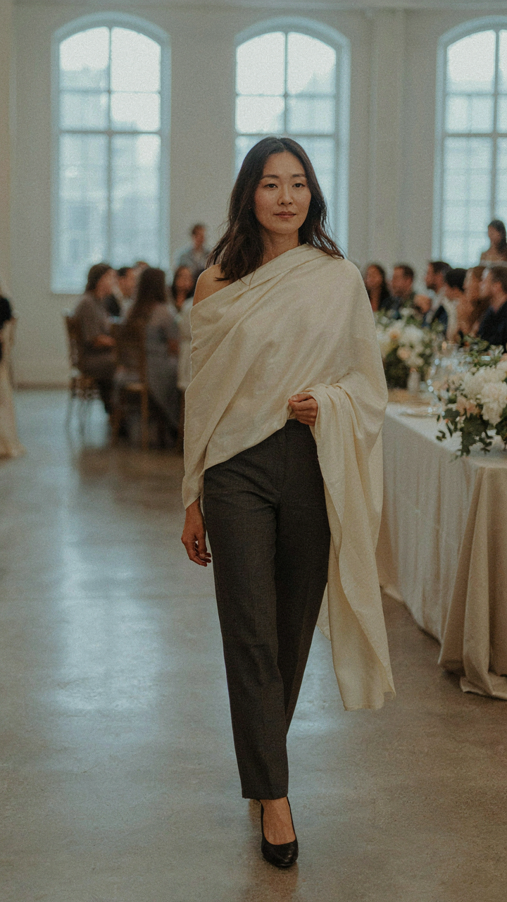 A woman walks confidently in a cool venue, her shawl perfectly in place.