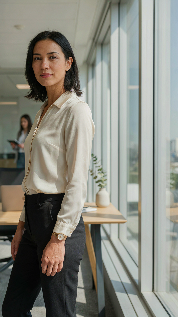 A confident woman in an upscale casual outfit in a modern office.