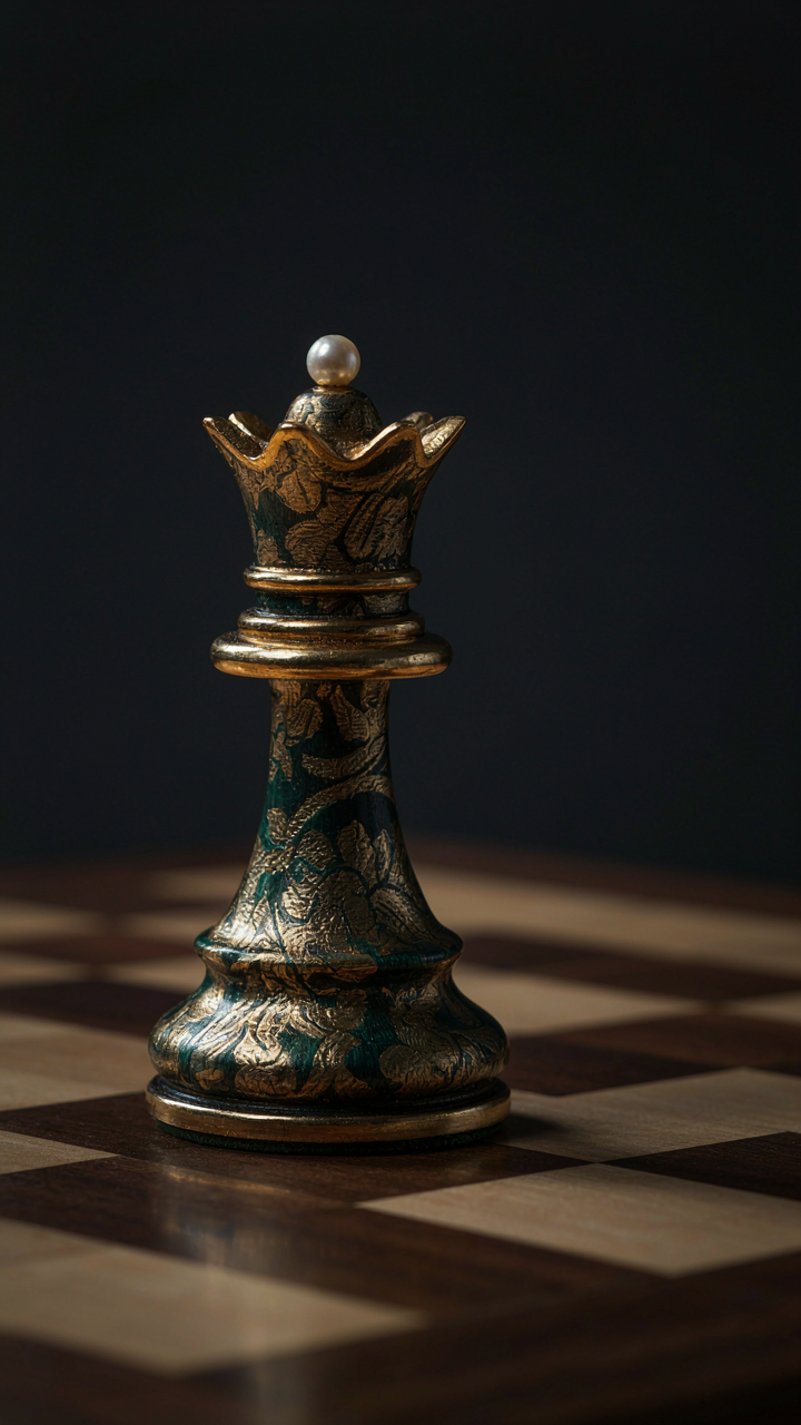 A chess queen piece made of brocade fabric on a chessboard.