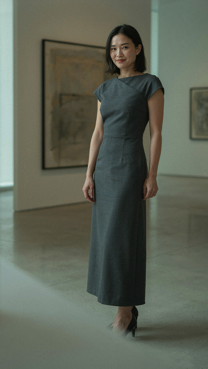 A woman in a unique dark gray dress stands in an art gallery.