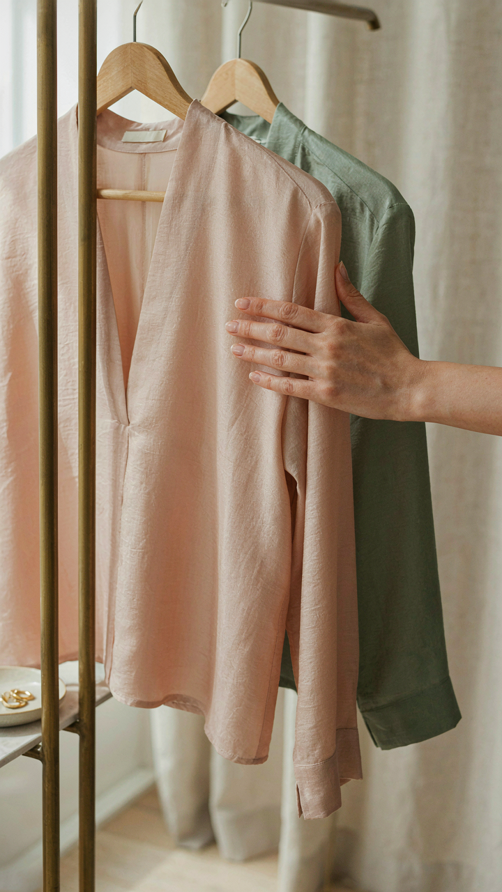 A woman's hand touches a high-quality silk blouse on a rack, feeling the fabric.