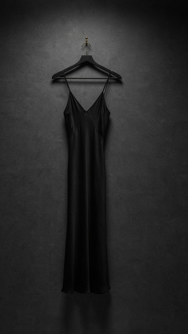 A simple black silk dress hangs against a clean, minimalist wall.