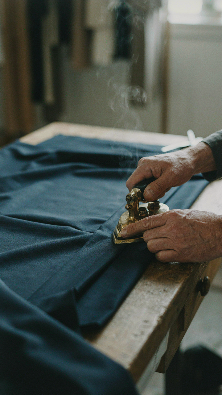 A tailor's hands press a pleat into dark silk fabric.