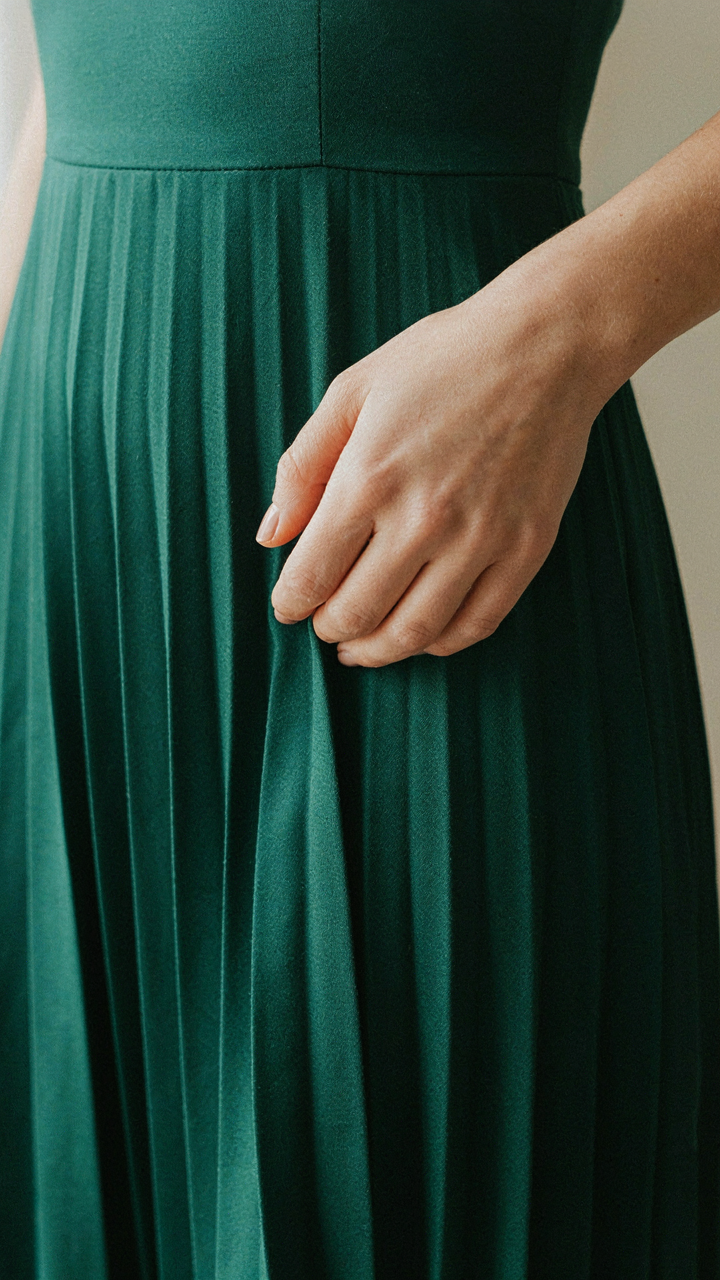 Hand touching the structured fabric of a pleated A-line midi dress.